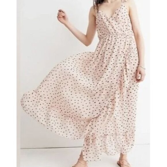 Madewell Ruffle-Strap Wrap Maxi Dress In Inkspot Dots Beige & Black Womens Size - Picture 1 of 16